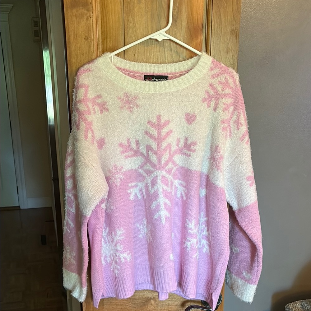 Pink and White Crew Neck Sweater with Snowflake Design